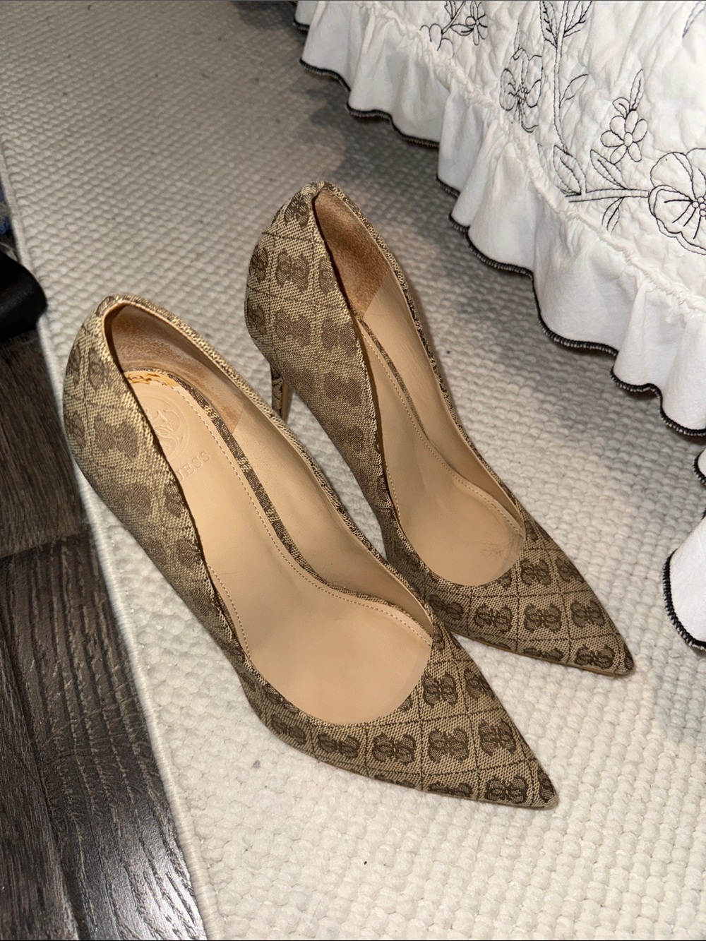 Guess Brown Monogram Pointed Toe Pumps